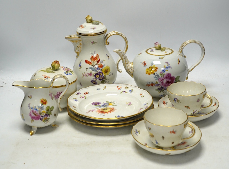 An early 20th century Meissen porcelain teaset, painted with insect and floral decoration, tallest 20cm. Condition - fair to good